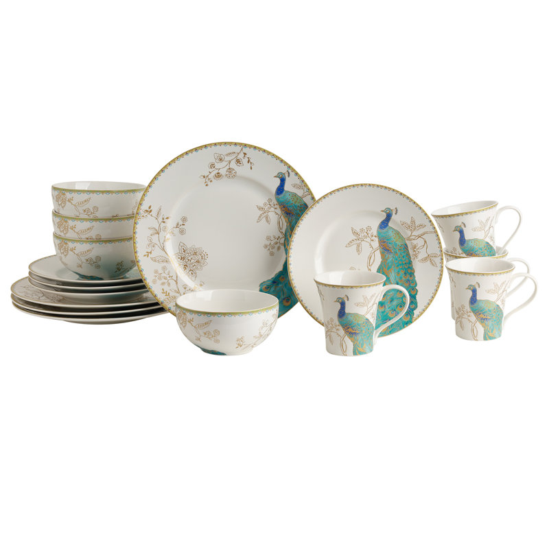 222 Fifth Peacock Garden 16-Piece Blue Porcelain Dinnerware Set
